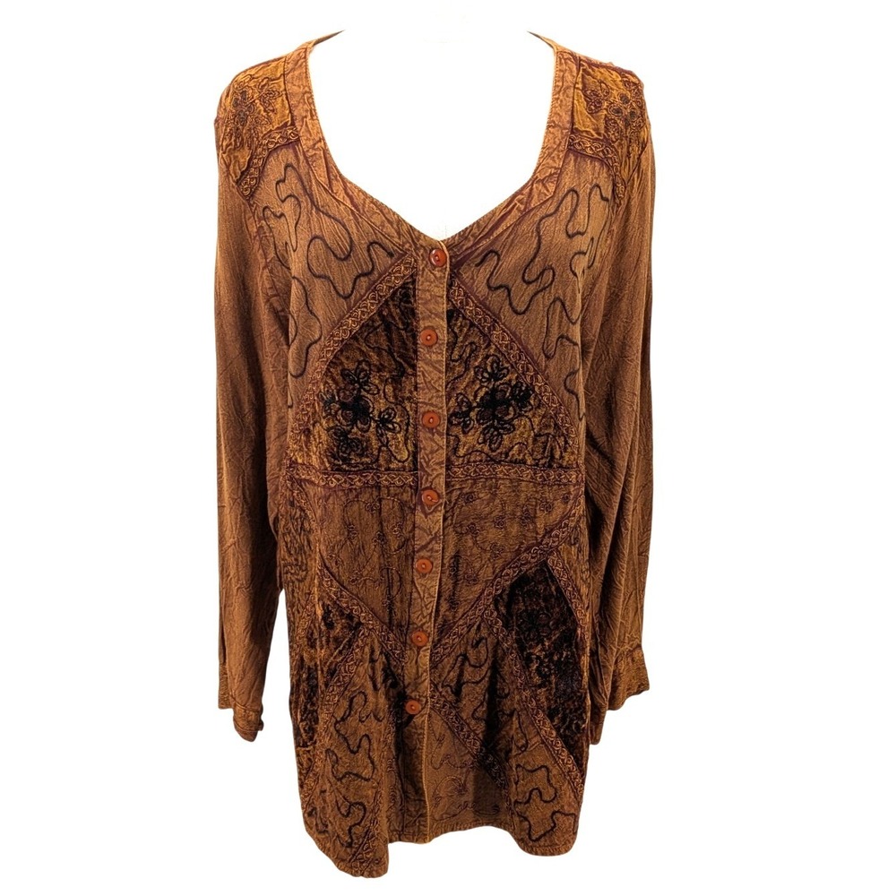 Boho Embroidered Velvet Tunic Blouse Brown Rayon Button Front Longline Size 3
